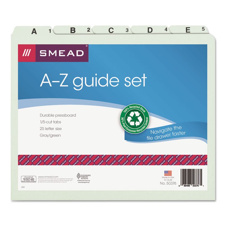Smead Alphabetic Top Tab Indexed File Guide Set, 1/5-Cut Top Tab, A to Z, 8.5 x 11, Green, 25/Set (SMD50376)