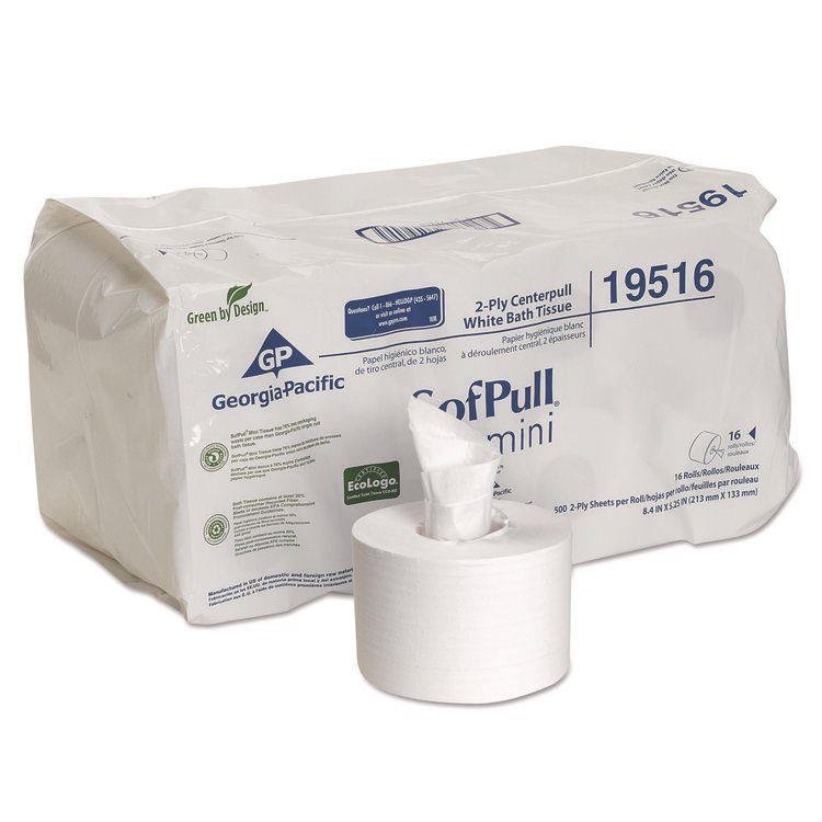 Georgia Pacific Professional SofPull Mini Centerpull Bath Tissue, Septic Safe, 2-Ply, White, 500 Sheets/Roll, 16 Rolls/Carton (GPC19516)