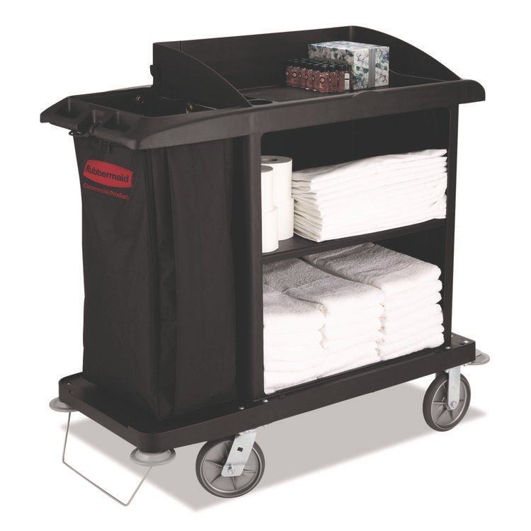 Rubbermaid Commercial Multi-Shelf Cleaning Cart, Plastic, 4 Shelves, 1 Bin, 22" x 49" x 50", Black (RCP6190BLA)