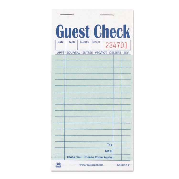 AmerCareRoyal Guest Check Pad, 17 Lines, Two-Part Carbon, 3.5 x 6.7, 50 Forms/Pad, 50 Pads/Carton (RPPGC60002)