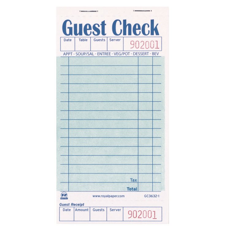 AmerCareRoyal Guest Check Pad with Ruled Back, 15 Lines, One-Part (No Copies), 3.5 x 6.7, 50 Forms/Pad, 50 Pads/Carton (RPPGC36321)