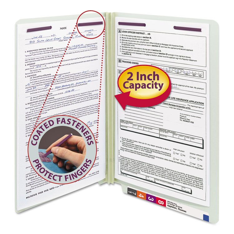 Smead End Tab Pressboard Classification Folders, Two SafeSHIELD Coated Fasteners, 2" Expansion, Legal Size, Gray-Green, 25/Box (SMD37715)