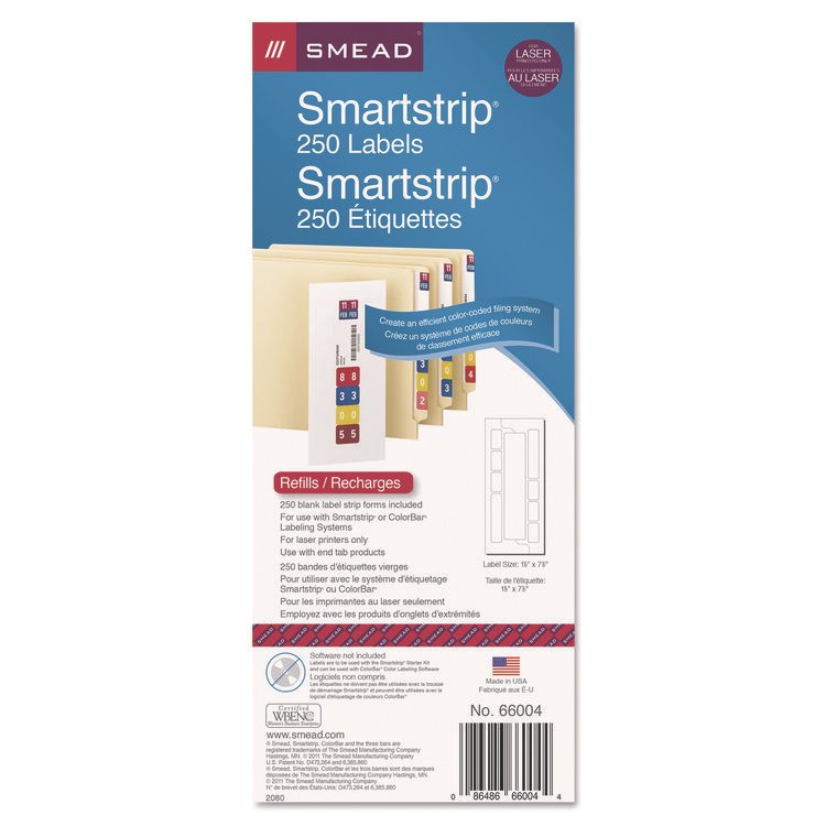 Smead Color-Coded Smartstrip Refill Label Forms, Laser Printer, Assorted, 1.5 x 7.5, White, 250/Pack (SMD66004)