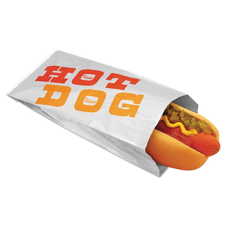 Bagcraft Foil/Paper Bag, King Hot Dog Labeling, 12" x 1.5" x 3.5", Silver/Red/Orange, 1,000/Carton (BGC300432)