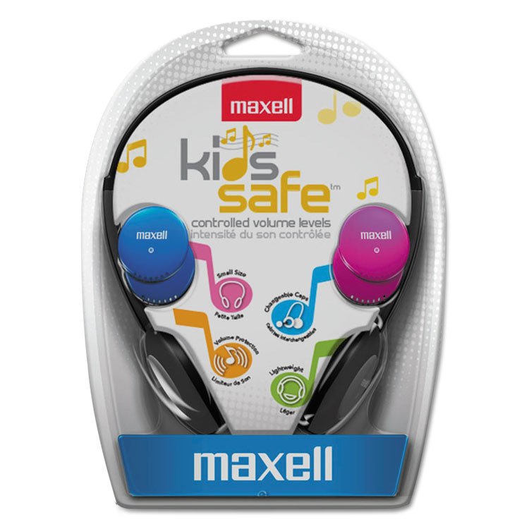Maxell Kids Safe Headphones, 4 ft Cord, Black with Interchangeable Pink/Blue/Silver Caps (MAX190338)