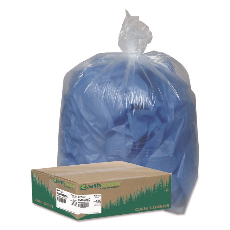 Earthsense Commercial Linear Low Density Clear Recycled Can Liners, 45 gal, 1.5 mil, 40" x 46", Clear, 10 Bags/Roll, 10 Rolls/Carton (WBIRNW4615C)