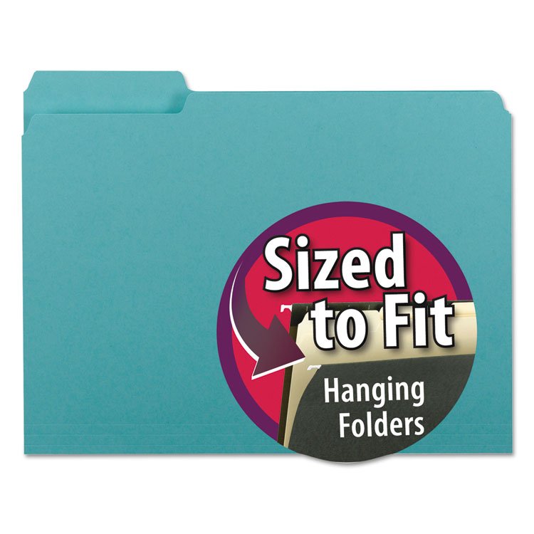 Smead Interior File Folders, 1/3-Cut Tabs: Assorted, Letter Size, 0.75" Expansion, Aqua, 100/Box (SMD10235)