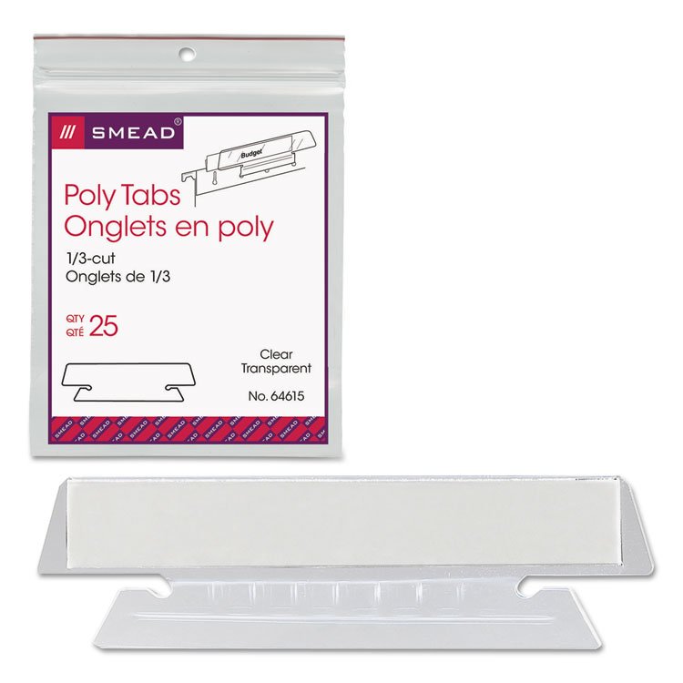 Smead Poly Index Tabs and Inserts For Hanging File Folders, 1/3-Cut, White/Clear, 3.5" Wide, 25/Pack (SMD64615)