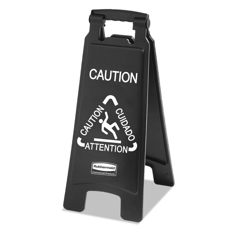 Rubbermaid Commercial Executive 2-Sided Multi-Lingual Caution Sign, Black/White, 10.9 x 26.1 (RCP1867505)