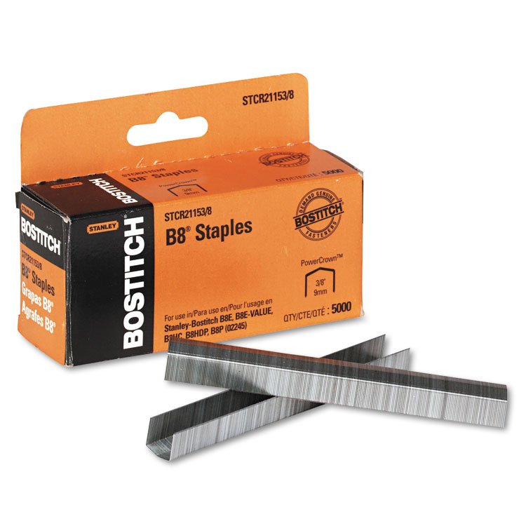 Bostitch B8 PowerCrown Premium Staples, 0.38" Leg, 0.5" Crown, Steel, 5,000/Box (BOSSTCR211538)