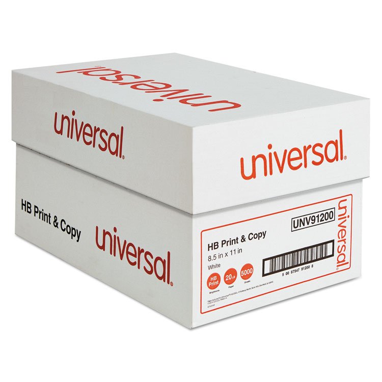 Universal High-Bright Multipurpose Paper, 20 lb Bond Weight, 8.5 x 11, White, 500 Sheets/Ream, 10 Reams/Carton (UNV91200)