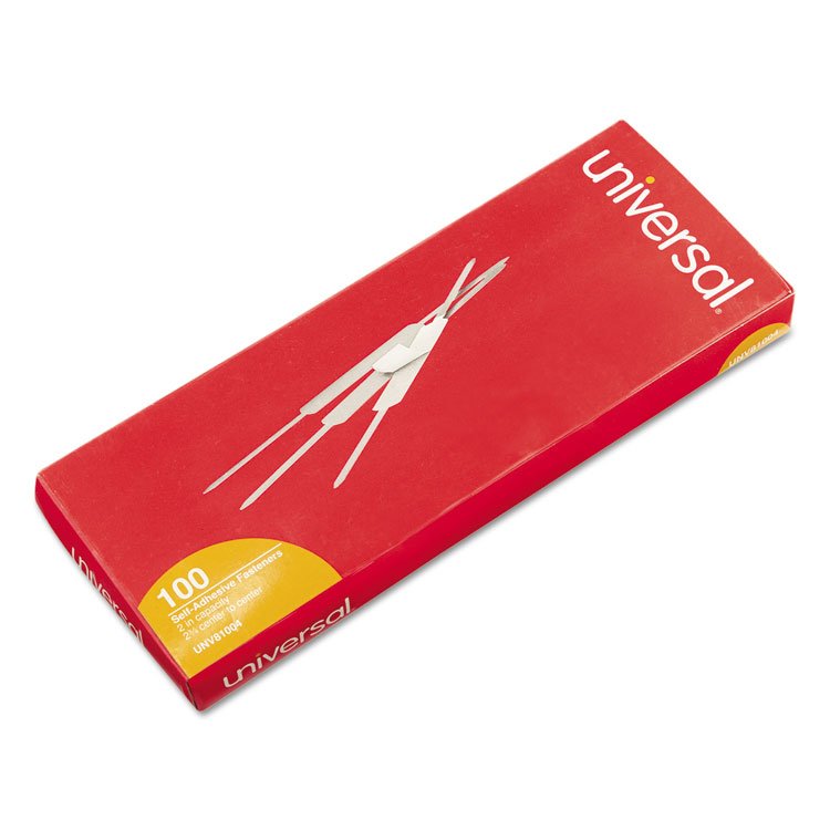 Universal Self-Adhesive Two-Prong Paper Fastener Base and Compressor Sets, 2" Capacity, 2.75" Center to Center, Silver, 100/Box (UNV81004)