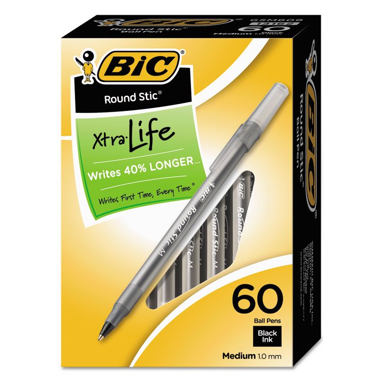 BIC Round Stic Xtra Life Ballpoint Pen Value Pack, Stick, Medium 1 mm, Black Ink, Translucent Frost Barrel, 60/Box (BICGSM609BK)
