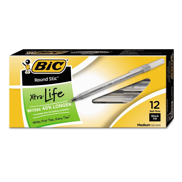 BIC Round Stic Xtra Life Ballpoint Pen, Stick, Medium 1 mm, Black Ink, Translucent Black Barrel, Dozen (BICGSM11BK)