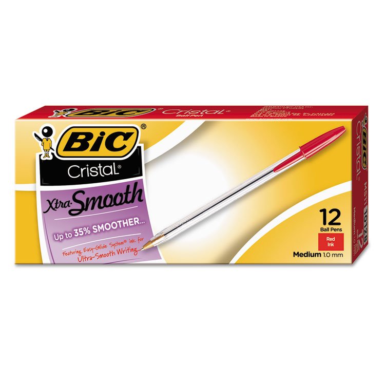 BIC Cristal Xtra Smooth Ballpoint Pen, Stick, Medium 1 mm, Red Ink, Clear Barrel, Dozen (BICMS11RD)