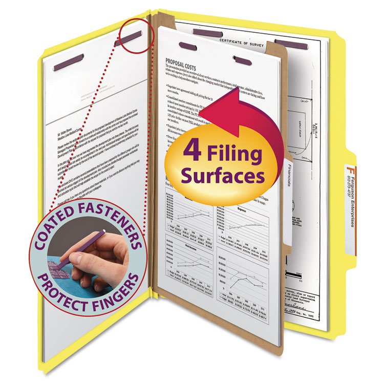 Smead Four-Section Pressboard Top Tab Classification Folders, Four SafeSHIELD Fasteners, 1 Divider, Legal Size, Yellow, 10/Box (SMD18734)