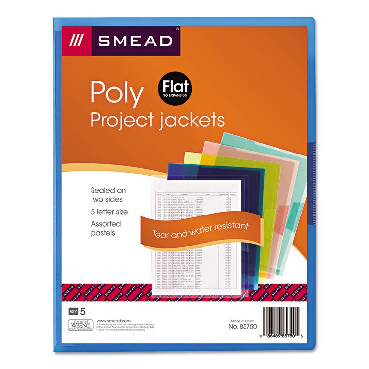 Smead Organized Up Translucent Poly Project Jacket, Letter Size, Assorted Colors, 5/Pack (SMD85750)