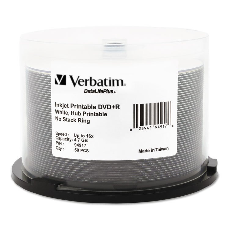 Verbatim DVD+R Recordable Disc, 4.7 GB, 16x, Spindle, Hub Printable, White, 50/Pack (VER94917)