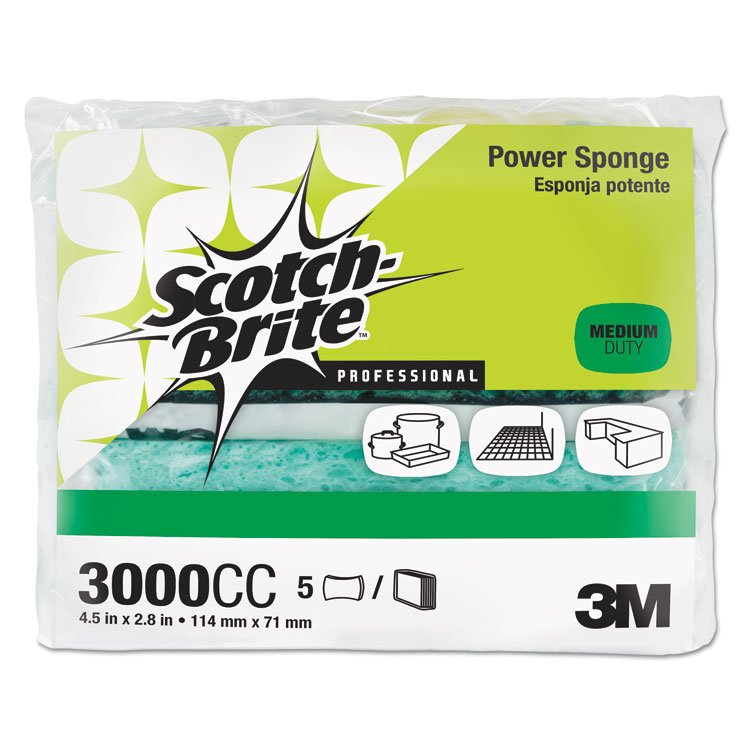 Scotch-Brite PROFESSIONAL Power Sponge, 2.8 x 4.5, 0.6" Thick, Blue/Teal, 5/Pack (MMM3000CC)