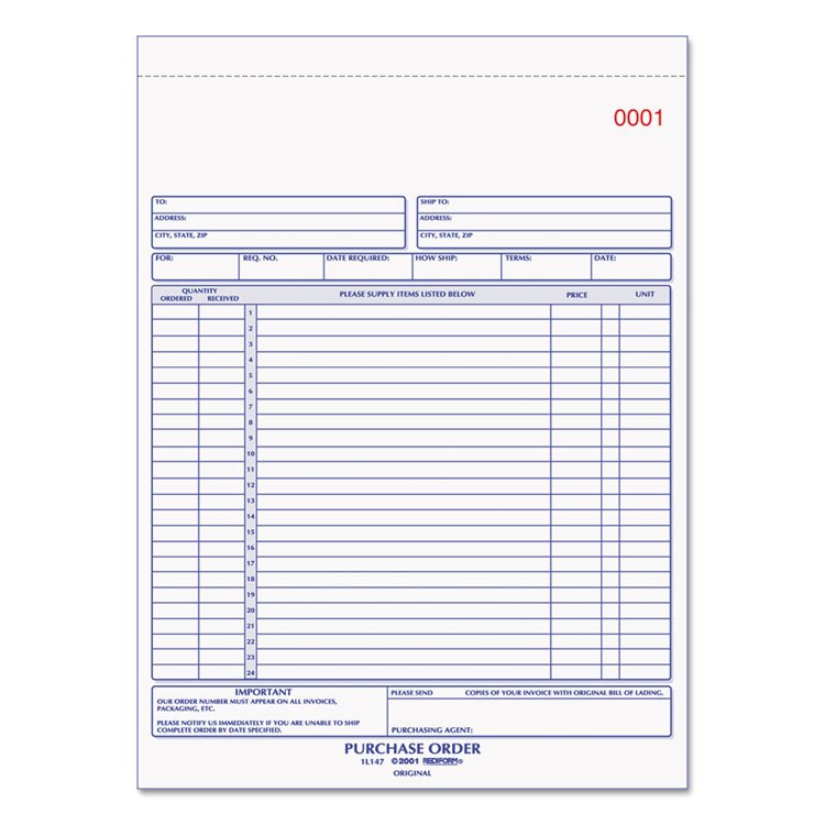 Rediform Purchase Order Book, 17 Lines, Three-Part Carbonless, 8.5 x 11, 50 Forms Total (RED1L147)