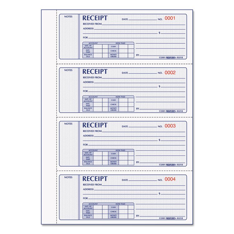 Rediform Money Receipt Book, Hardcover, Three-Part Carbonless, 7 x 2.75, 4 Forms/Sheet, 200 Forms Total (RED8L818)