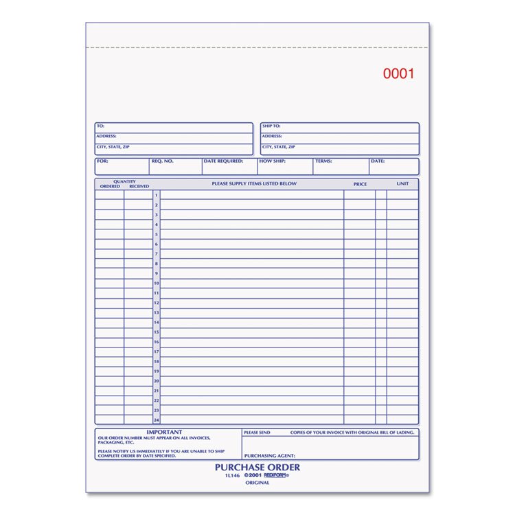 Rediform Purchase Order Book, 17 Lines, Two-Part Carbonless, 8.5 x 11, 50 Forms Total (RED1L146)