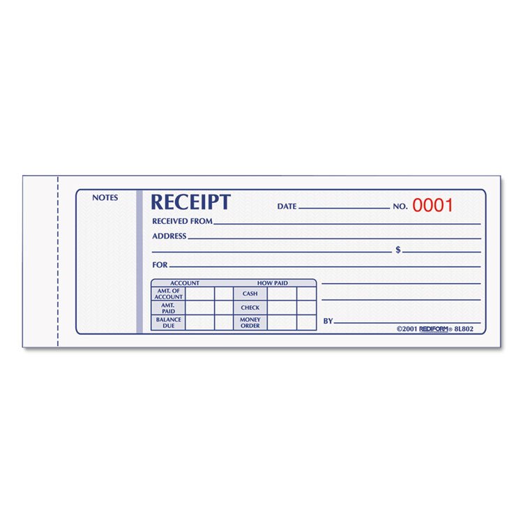 Rediform Receipt Book, Three-Part Carbonless, 7 x 2.75, 4 Forms/Sheet, 50 Forms Total (RED8L802)
