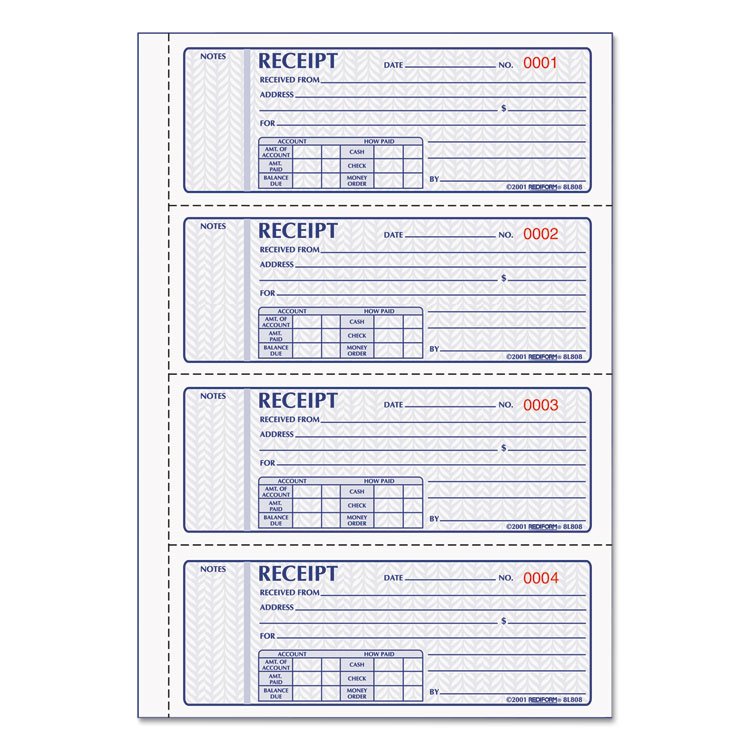 Rediform Money Receipt Book, Softcover, Three-Part Carbonless, 7 x 2.75, 4 Forms/Sheet, 100 Forms Total (RED8L808)