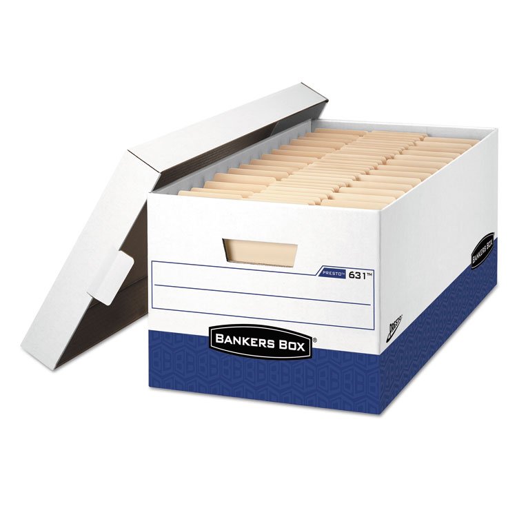 Bankers Box PRESTO Heavy-Duty Storage Boxes, Letter Files, 13" x 25.38" x 10.5", White/Blue, 12/Carton (FEL0063101)