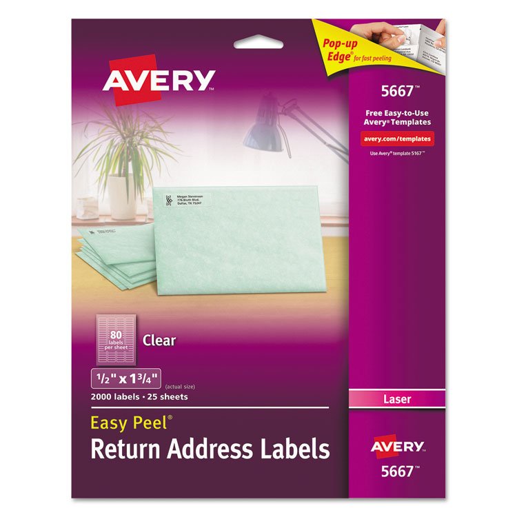Avery Matte Clear Easy Peel Mailing Labels w/ Sure Feed Technology, Laser Printers, 0.5 x 1.75, Clear, 80/Sheet, 25 Sheets/Box (AVE5667)