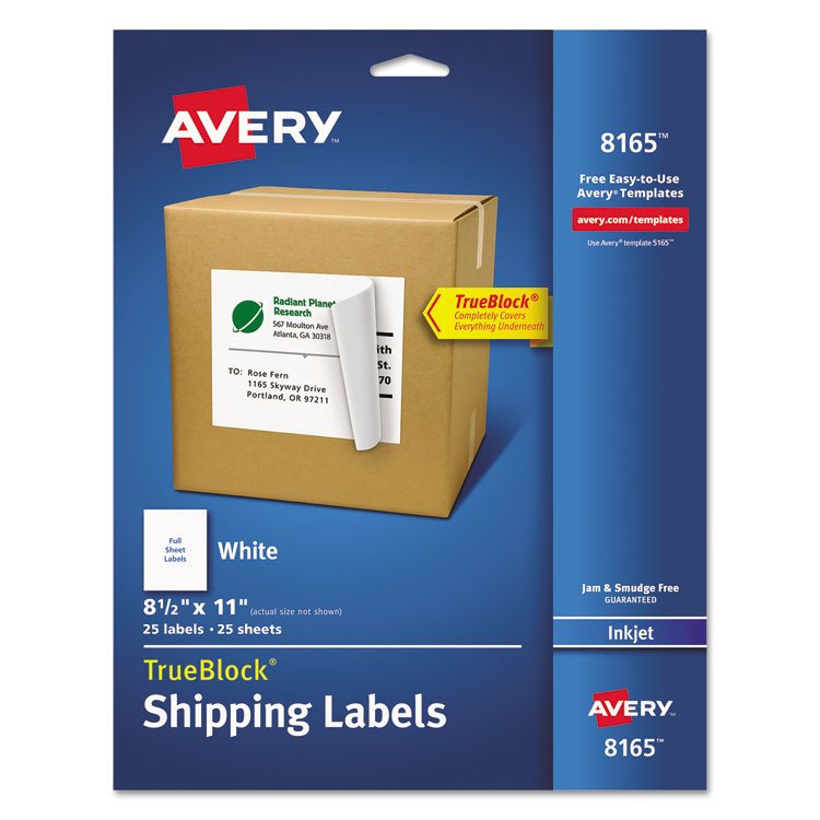 Avery Shipping Labels with TrueBlock Technology, Inkjet Printers, 8.5 x 11, White, 25/Pack (AVE8165)