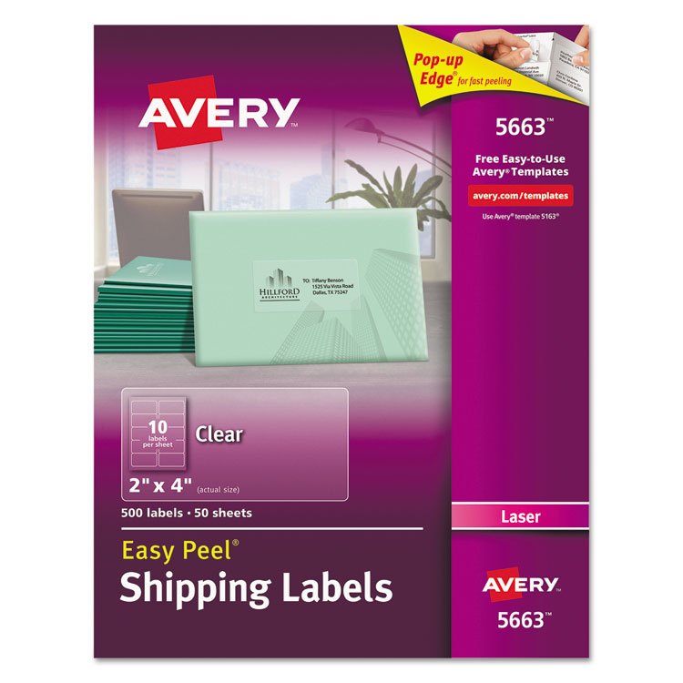 Avery Matte Clear Easy Peel Mailing Labels w/ Sure Feed Technology, Laser Printers, 2 x 4, Clear, 10/Sheet, 50 Sheets/Box (AVE5663)