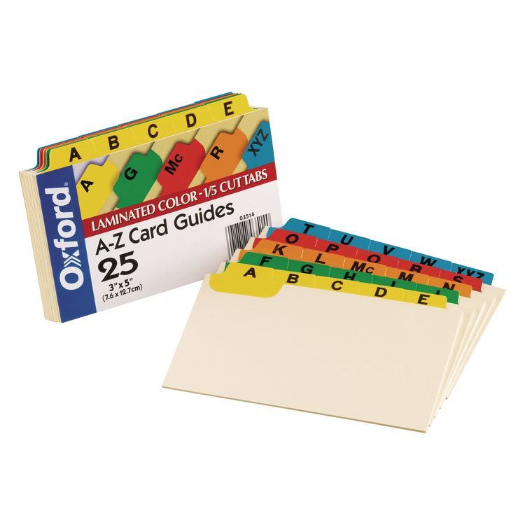 Oxford Manila Index Card Guides with Laminated Tabs, 1/5-Cut Top Tab, A to Z, 3 x 5, Manila, 25/Set (OXF03514)
