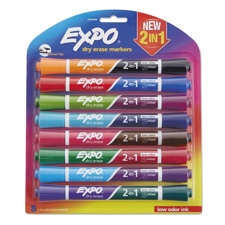 EXPO 2-in-1 Dry Erase Markers, Fine/Broad Chisel Tips, Assorted Colors, 8/Pack (SAN1944658)