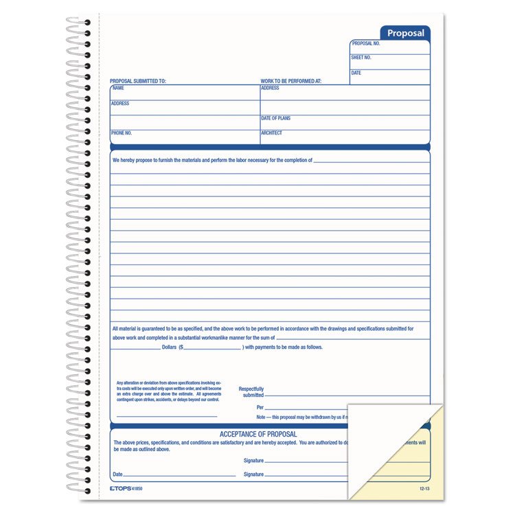 TOPS Spiralbound Proposal Form Book, Two-Part Carbonless, 11 x 8.5, 50 Forms Total (TOP41850)