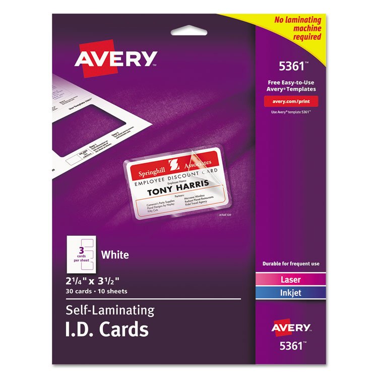 Avery Laminated Laser/Inkjet ID Cards, 2 1/4 x 3 1/2, White, 30/Box (AVE5361)