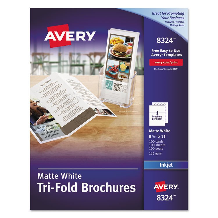 Avery Tri-Fold Brochures, 92 Bright, 85 lb Text Weight, 8.5 x 11, Matte White, 100/Pack (AVE8324)