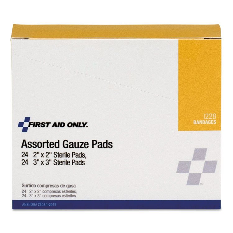 First Aid Only Gauze Pads, Sterile, Assorted, 2 x 2; 3 x 3, 48/Box (FAOI228)