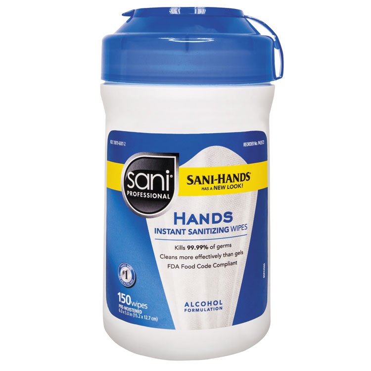 Sani Professional Hands Instant Sanitizing Wipes, 5 x 6, Unscented, White, 150/Canister (NICP43572EA)