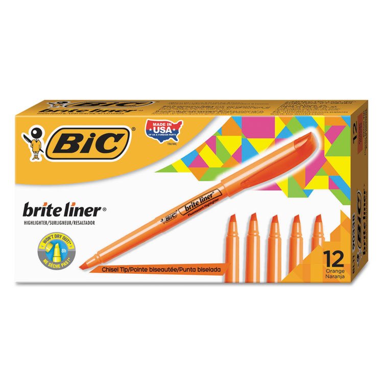 BIC Brite Liner Highlighter, Fluorescent Orange Ink, Chisel Tip, Orange/Black Barrel, Dozen (BICBL11OE)