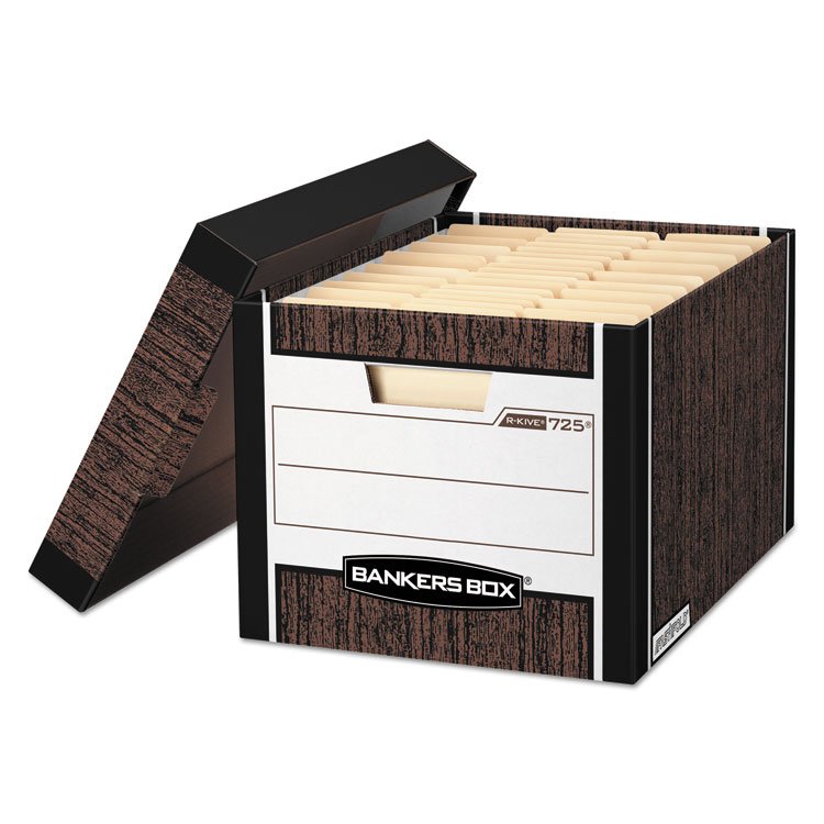 Bankers Box R-KIVE Heavy-Duty Storage Boxes, Letter/Legal Files, 12.75" x 16.5" x 10.38", Woodgrain, 12/Carton (FEL00725)