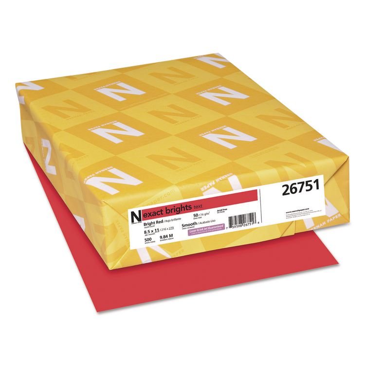 Neenah Paper Exact Brights Paper, 20 lb Bond Weight, 8.5 x 11, Bright Red, 500/Ream (WAU26751)