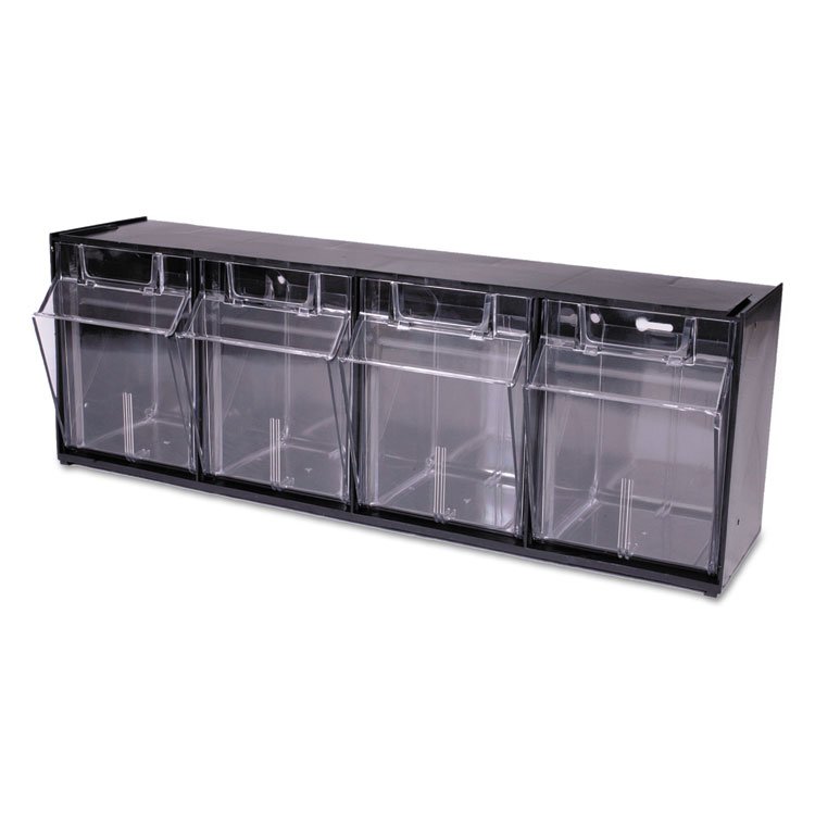deflecto Tilt Bin Interlocking Multi-Bin Storage Organizer, 4 Sections, 23.63" x 6.63" x 8.13", Black/Clear (DEF20404OP)