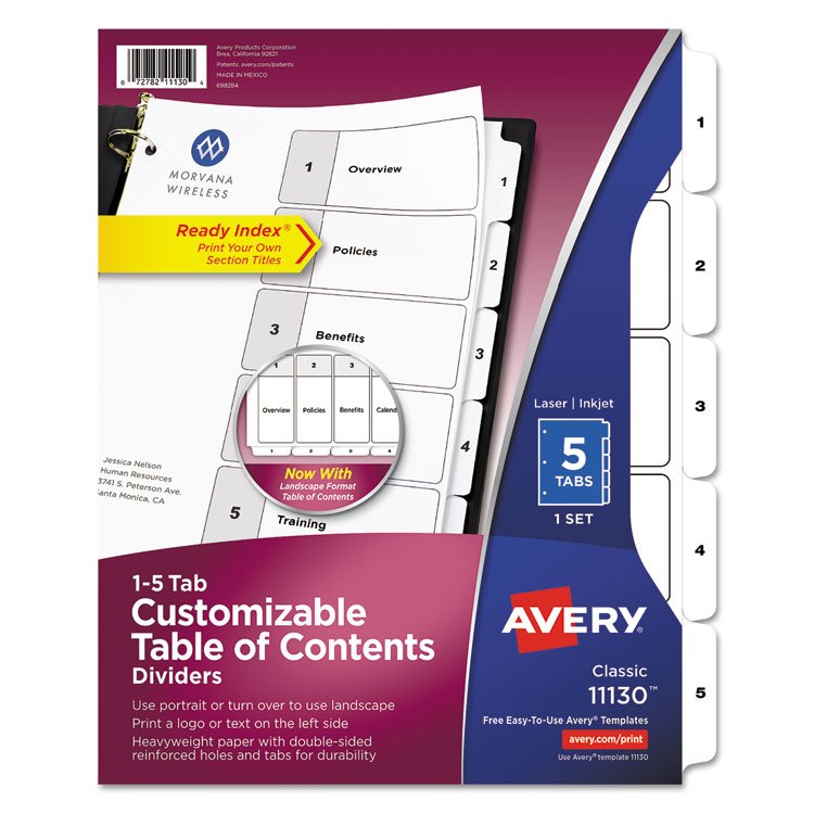 Avery Customizable TOC Ready Index Black and White Dividers, 5-Tab, 1 to 5, 11 x 8.5, 1 Set (AVE11130)