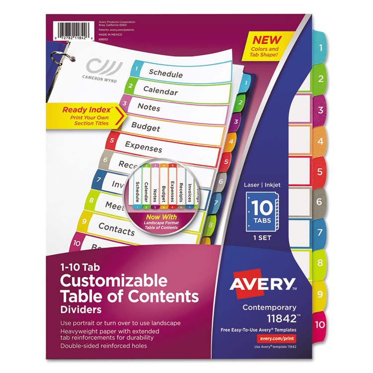 Avery Customizable TOC Ready Index Multicolor Tab Dividers, 10-Tab, 1 to 10, 11 x 8.5, White, Contemporary Color Tabs, 1 Set (AVE11842)