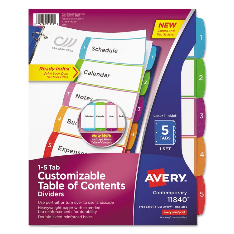 Avery Customizable TOC Ready Index Multicolor Tab Dividers, 5-Tab, 1 to 5, 11 x 8.5, White, Contemporary Color Tabs, 1 Set (AVE11840)