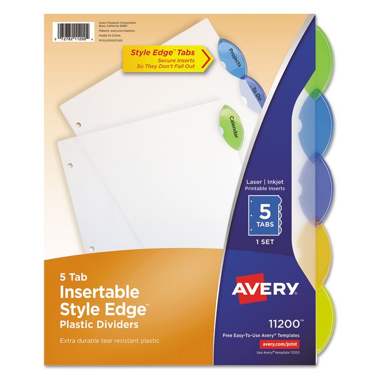 Avery Insertable Style Edge Tab Plastic Dividers, 5-Tab, 11 x 8.5, Translucent, 1 Set (AVE11200)