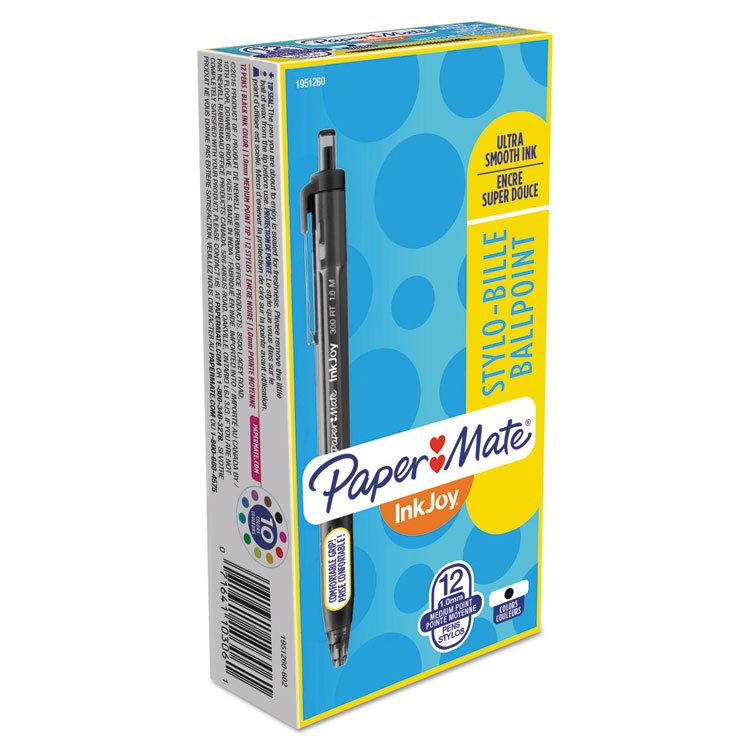 Paper Mate InkJoy 300 RT Ballpoint Pen, Retractable, Medium 1 mm, Black Ink, Black Barrel, Dozen (PAP1951260)
