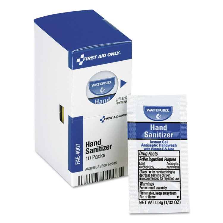 First Aid Only Gel Hand Sanitizer Packets for SmartCompliance First Aid Kits, 0.9 g, Clean Scent, 10/Box (FAOFAE4007)