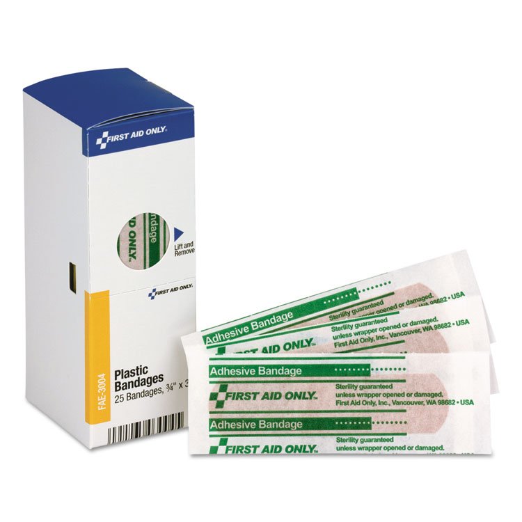 First Aid Only SmartCompliance Plastic Bandages, 0.75 x 3, 25/Box (FAOFAE3004)